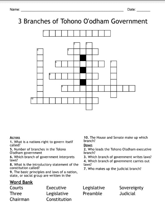 3 Branches of O odham Government Crossword Puzzle Amerind For Educators