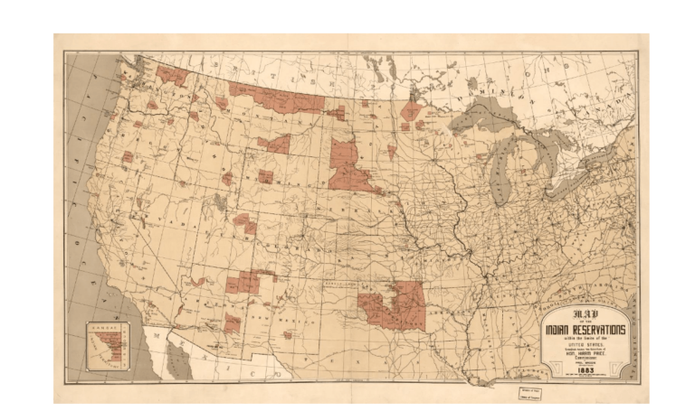 Map of the Native American Reservations with the limits of the United States (1883)