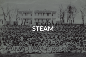 Old image with over a hundred native American children lined up in front of their boarding school with the title STEAM